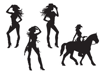 Silhouette cowgirl riding horse. Vector