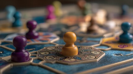 Board Game Strategy: A close-up perspective of a vibrant board game in play, showcasing diverse game pieces strategically positioned on the ornate board.