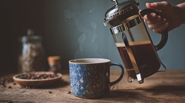 Pouring fresh coffee from a french press into a blue patterned mug on a wooden table surface scene
