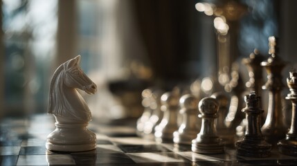 Strategic Stalemate: A close-up view presents a knight piece at the forefront, poised on the chess board, reflecting the complex strategy and mental acuity needed to win the game.