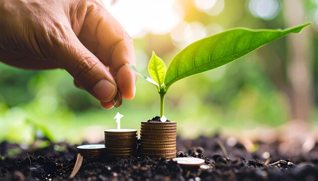 A sending is growing on a coin iying on the graund, Green Investment concept,Rising money to Invest.financial growth concecept.