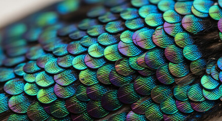 Close-up view of iridescent emerald and sapphire feathers, showcasing intricate patterns and shimmering colors of a bird's plumage.