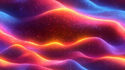 Vibrant, wavy forms of glowing particles create a mesmerizing, abstract visual display of swirling colors.