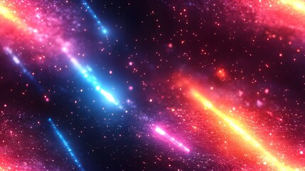 A vibrant, dynamic display of glowing streaks and glittering particles, set against a dark background.