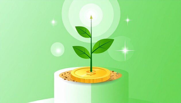 A sending is growing on a coin iying on the graund, Green Investment concept,Rising money to Invest.financial growth concecept.