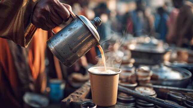 Pouring chai from a metal kettle into a cup at a bustling street side vendor stall in india scene