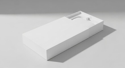 Sleek white product box slightly open, revealing inner compartments and a partially visible item.