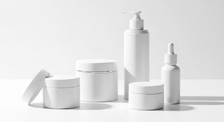 Sleek white cosmetic containers arranged on a bright surface.