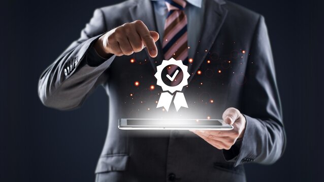 A businessman presents a digital certificate checkmark