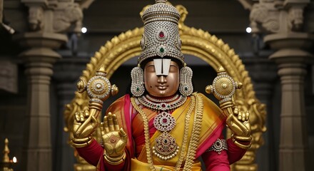 Ornate statue of Hindu God Lord Venkateswara Balaji in a temple.