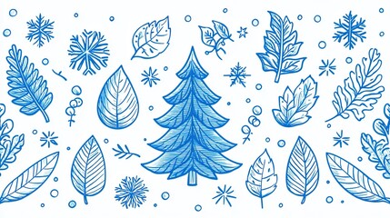 Blue - toned Seamless Pattern with Pine Trees, Leaves, Pinecones and Snowflakes