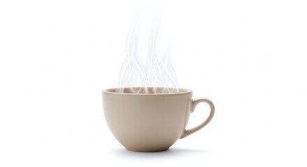 Beige Coffee Cup Steaming, Isolated on White Background