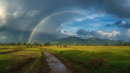 Naklejka premium Rainbow over lush rural landscape