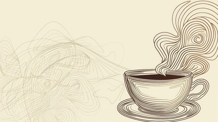 Hand drawn vintage style illustration of a steaming coffee cup on a saucer with artistic swirls.