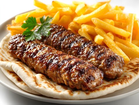 Two grilled cevapcici sausages served on flatbread with golden french fries adorn a white plate for lunch.