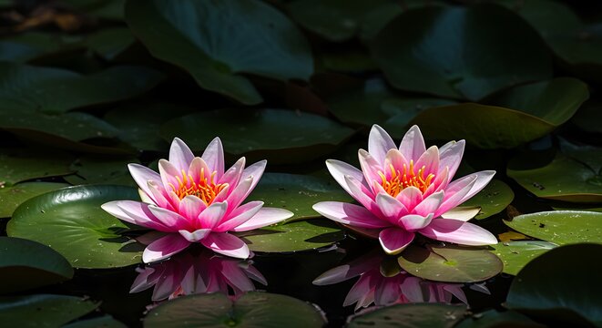 Two pink water lilies floating on dark water surrounded by green lily pads water lily pink flower