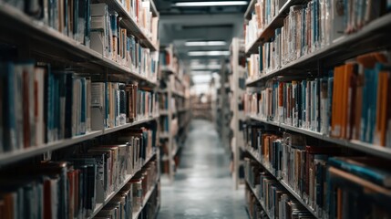 Infinite Knowledge: A view down the aisles of a library, lined with countless books of diverse sizes, creating a corridor of knowledge and inspiring contemplation.
