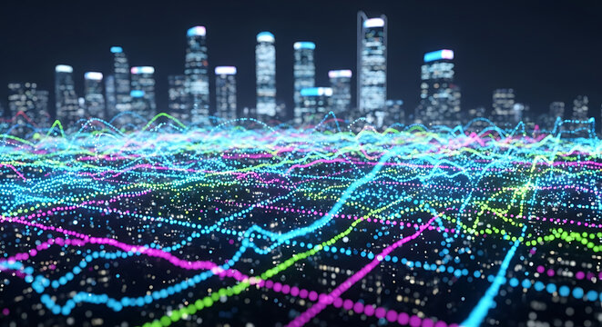 Vector Cityscape A Flyover of Dynamic Data Streams Flying Through the Night