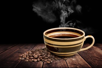 Hot coffee cup and aroma coffee beans