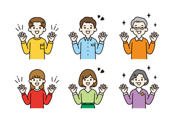 両手を広げて笑顔で喜ぶ、いろいろな世代の男性と女性の上半身ベクターイラスト素材セット＿カラー