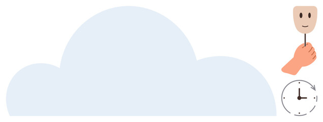 A hand holding a smiling face mask, a clock symbolizing passing time, and a large cloud represent hidden emotions, time management, mental health, and self-discovery. Ideal for emotional awareness