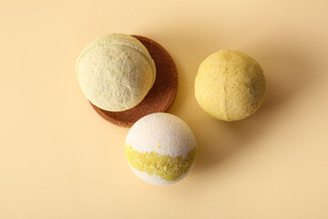 Composition with tray and bath bombs on yellow background, closeup