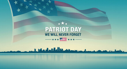 Patriot Day remembrance with American flag, city skyline, and calm water, honoring unity, resilience, and national pride, evoking solemn and respectful emotions for significant memorial day
