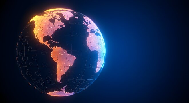 Glowing globe composed of puzzle pieces, featuring warm orange and cool blue tones on a gradient background with copy space - Powered by Adobe