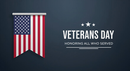 Veterans Day banner with patriotic flag, stars, and text honoring all who served, celebrating military service and national pride on dark blue background