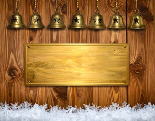 A row of golden bells hangs from the top, framing a blank metallic plaque in the center. This festive and traditional scene is perfect for holiday greetings and advertisements.