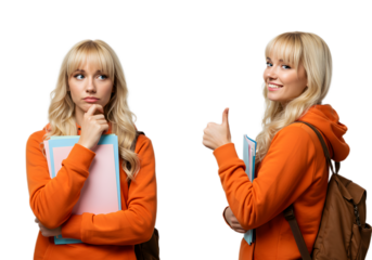 Young woman with books and backpack looking thoughtful and then giving a thumbs up
