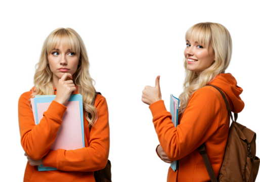 Young woman with books and backpack looking thoughtful and then giving a thumbs up