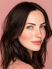 Naklejka premium A pretty young woman with dark hair and fair skin gazes gently towards the viewer with a slight smile.