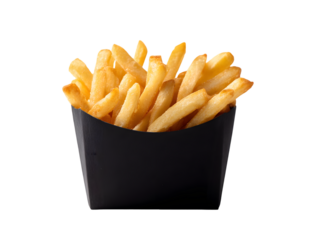 Golden crispy French fries in a sleek black container, perfect for a quick and tasty snack, ideal for restaurant menus or food blog posts promoting delicious comfort food