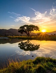Sunrise over a tranquil pond, with a lone tree reflected