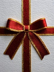 A beautiful red and gold ribbon bow adorns a white textured background, creating an elegant presentation.