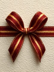 Elegant red and gold ribbon bow is centered on a textured cream colored surface for a decorative accent.