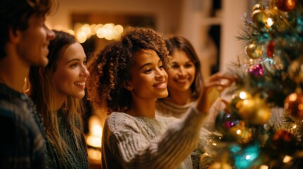 Obraz premium Joyful Friends Decorating a Christmas Tree in a Festive Home Setting