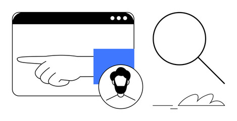Hand gesture pointing right inside a browser, user avatar in a circle, magnifying glass, simple elements. Ideal for navigation, user interface, search, guidance, context decision-making flat