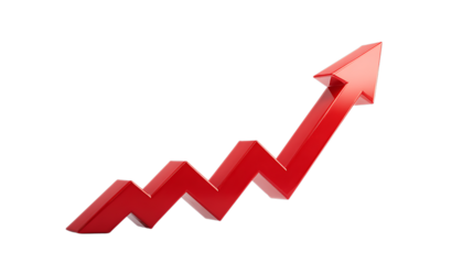 Jagged red arrow showing upward trend isolated on transparent background.