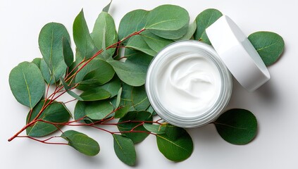 Glass jar of moisturizer surrounded by eucalyptus leaves.