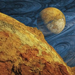 Abstract Landscape with Golden Mountain and Yellow Moon