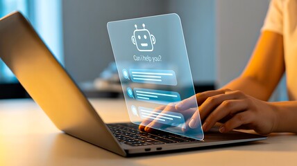 Person using laptop with artificial intelligence chatbot virtual screen