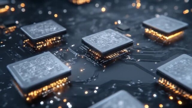 Close-up view of glowing computer chips on a circuit board