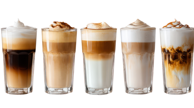 Five layered coffee drinks with whipped cream isolated on transparent background