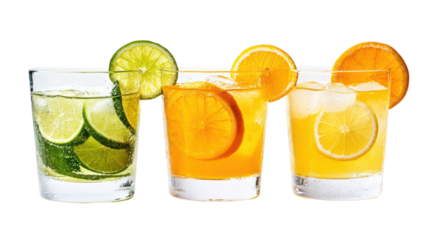 Three refreshing citrus cocktails with fruit garnishes isolated on transparent background