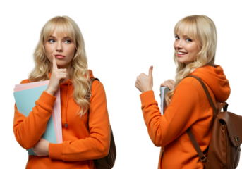 Young blonde woman holding books with a thoughtful expression and giving a thumbs up