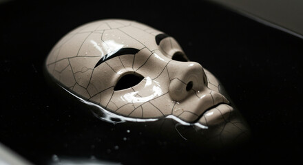 Cracked mask face art dark water surrealism drama emotion mystery concept abstract artistic background