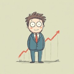 Friendly cartoon businessman character in a suit standing confidently with a rising arrow graph background symbolizing growth and success in a playful style