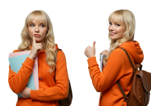 Young blonde woman holding books with a thoughtful expression and giving a thumbs up
